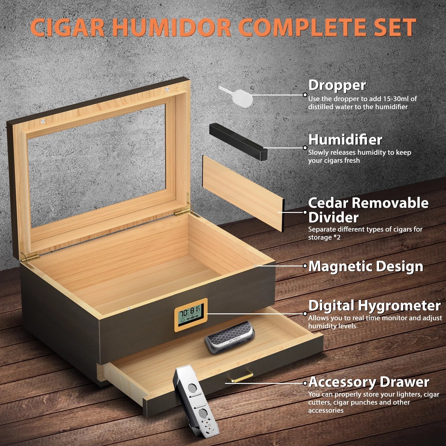 Desktop Cigar Humidor with Glass Top, Digital Hygrometer, and Storage for 20-50 Cigars