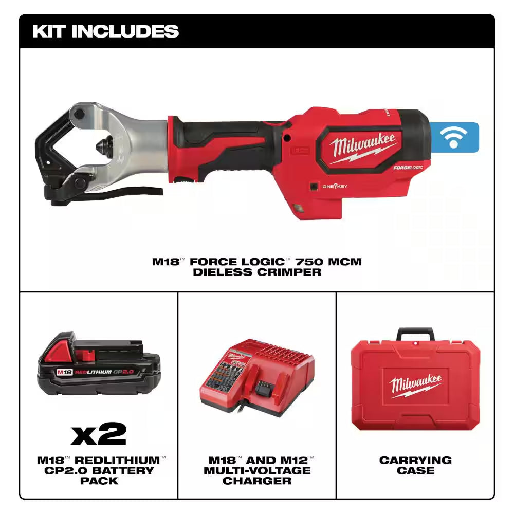 M18 18V Lithium-Ion Cordless FORCE LOGIC 750 MCM Dieless Crimping Tool Kit with 2 2.0 Ah Batteries and Bag