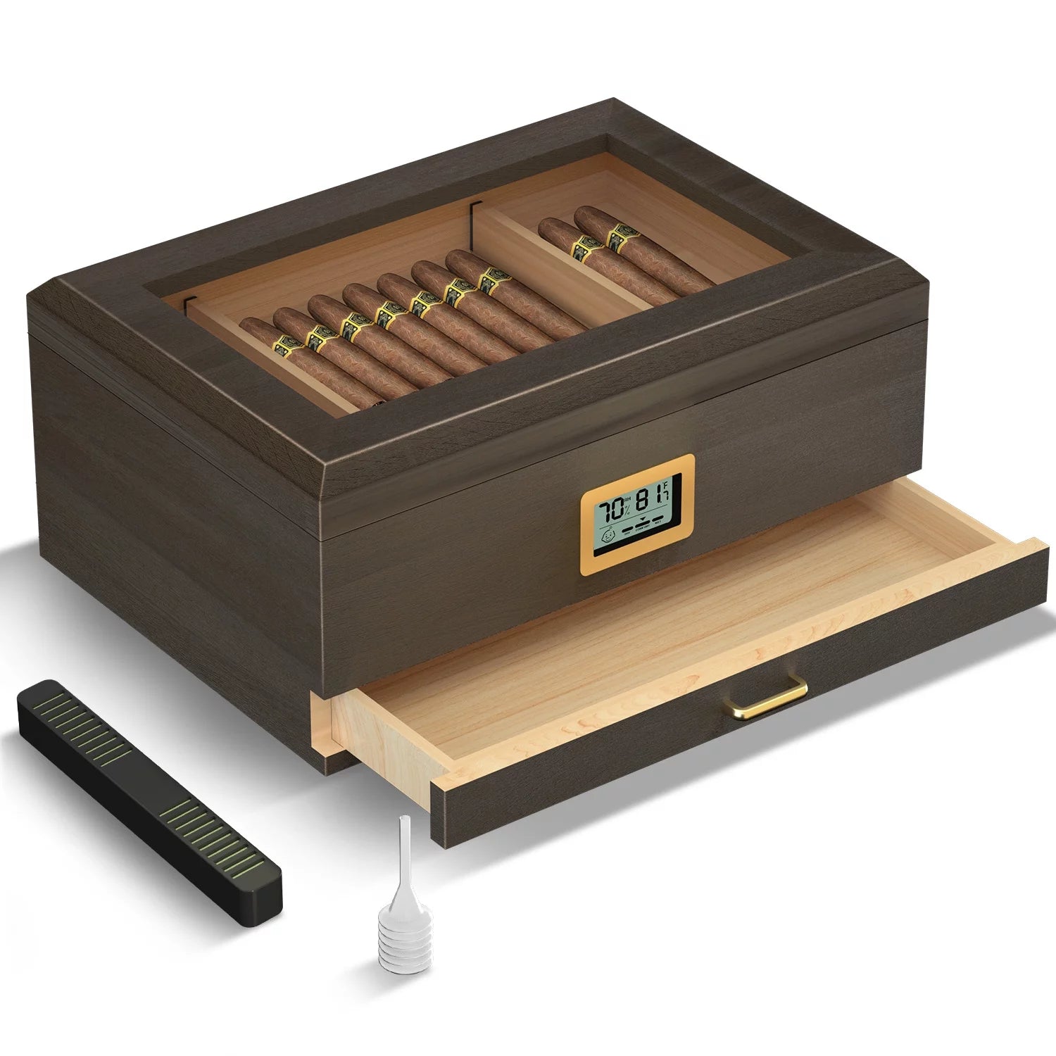 Desktop Cigar Humidor with Glass Top, Digital Hygrometer, and Storage for 20-50 Cigars